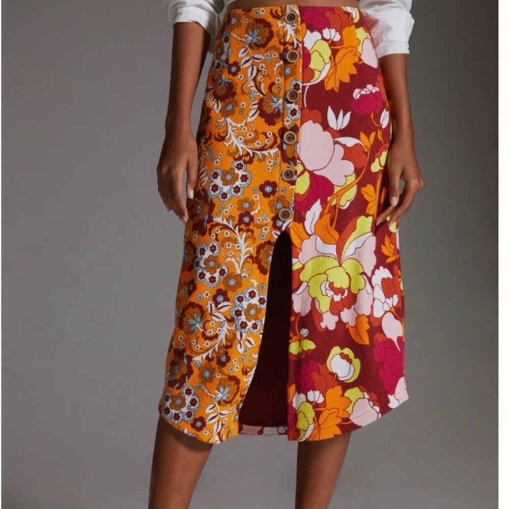 Maeve Button Front Cutout Floral Midi Skirt XS